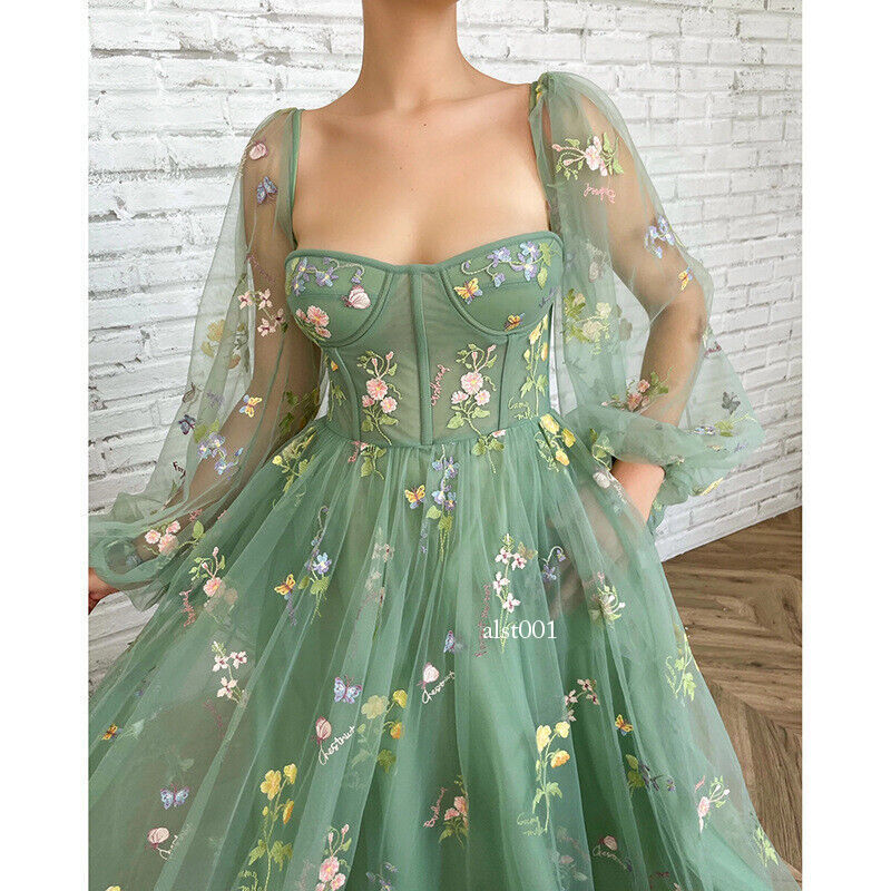 LADY Womens Embroidery Flower Puffy Sleeve Prom Dress Lace Up A-line Midi Dress