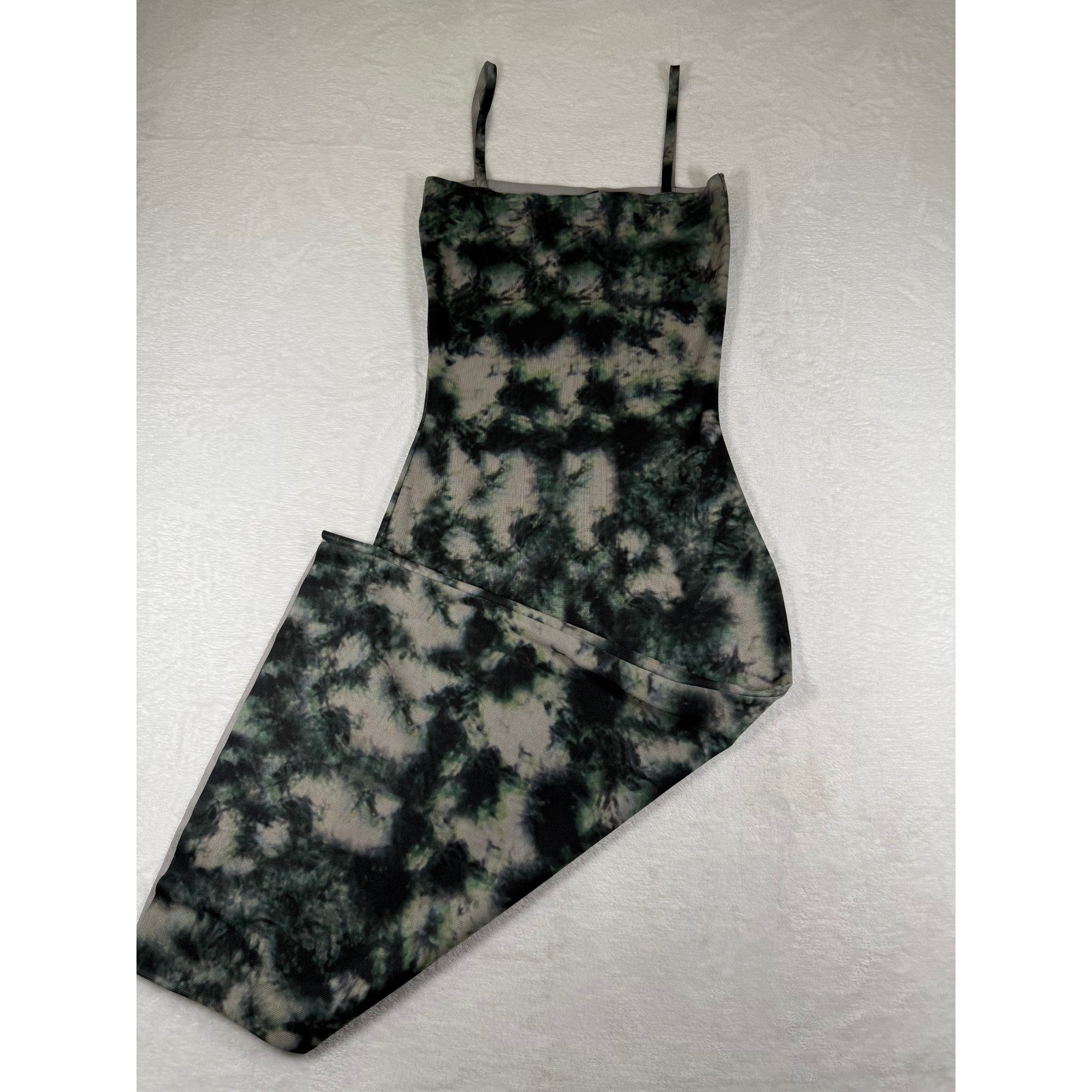 Zara Womens Large Green Tie Dye Ribbed Knit Bodycon Midi Slip Dress Sleeveless