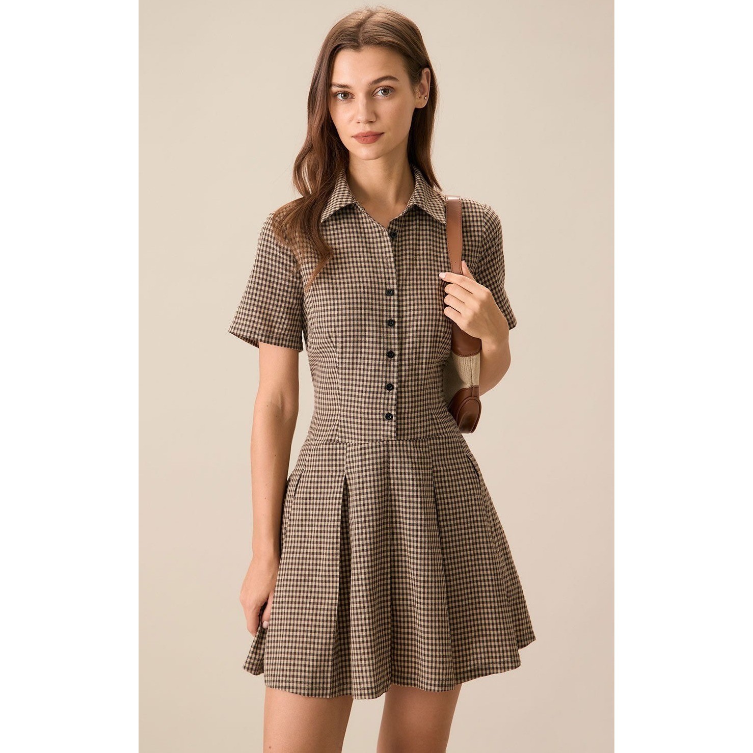 RIHOAS Pleated Mini Dress Women Small Brown Plaid Lapel Cotton NWT Button Front