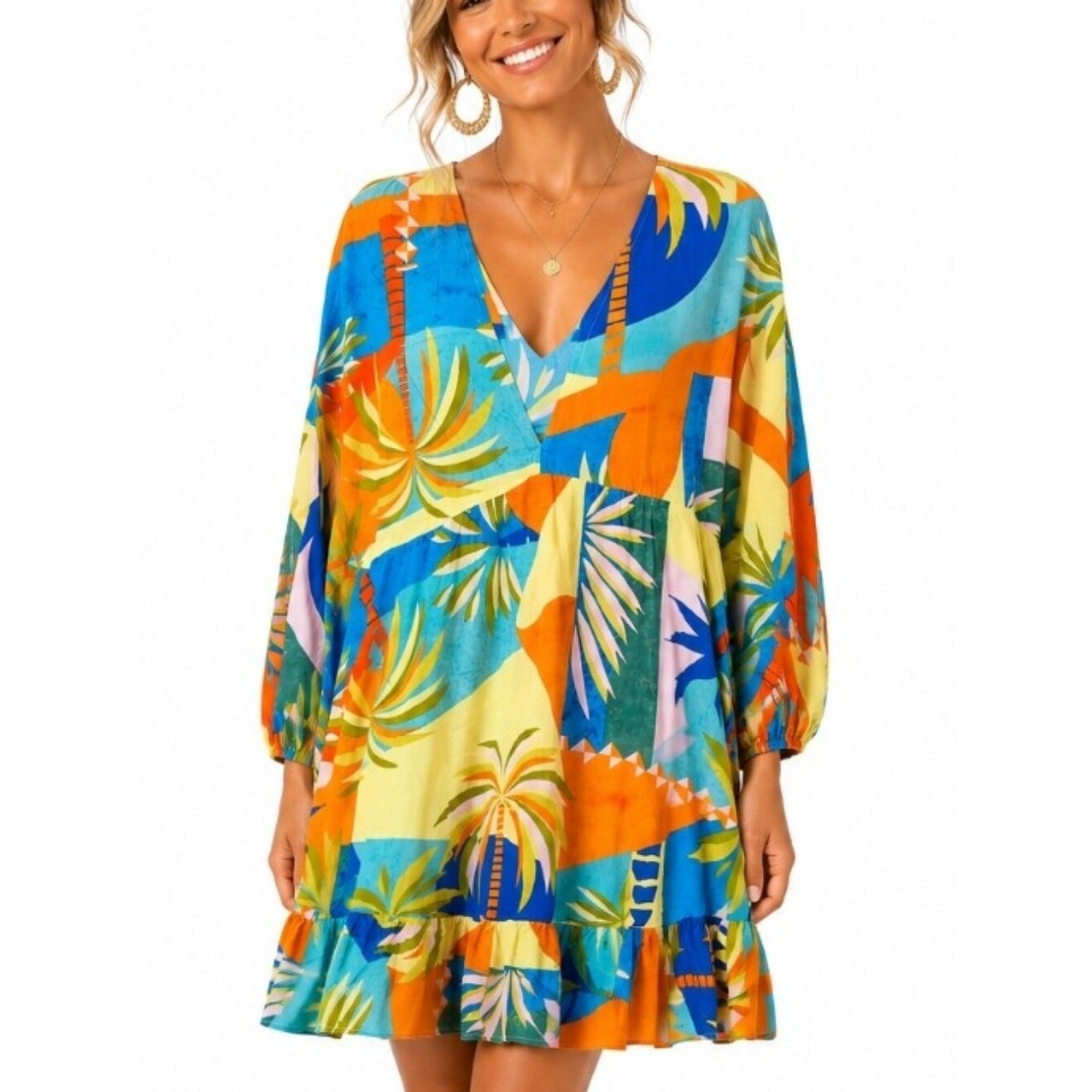 Label of Love Aisha Tropical Palm Print Tiered Mini Dress XL NWT Boho Resort