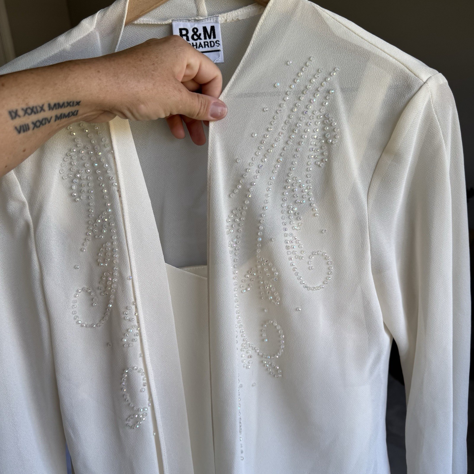 R&M Richards 2-Piece Dress Set Ivory Beaded Jacket Dress Skirt Suit 12