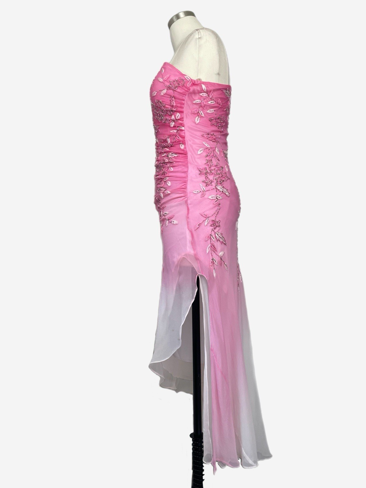 Vintage Y2K Cache Pink white silk ombre floral beaded asymmetric dress fairy XS