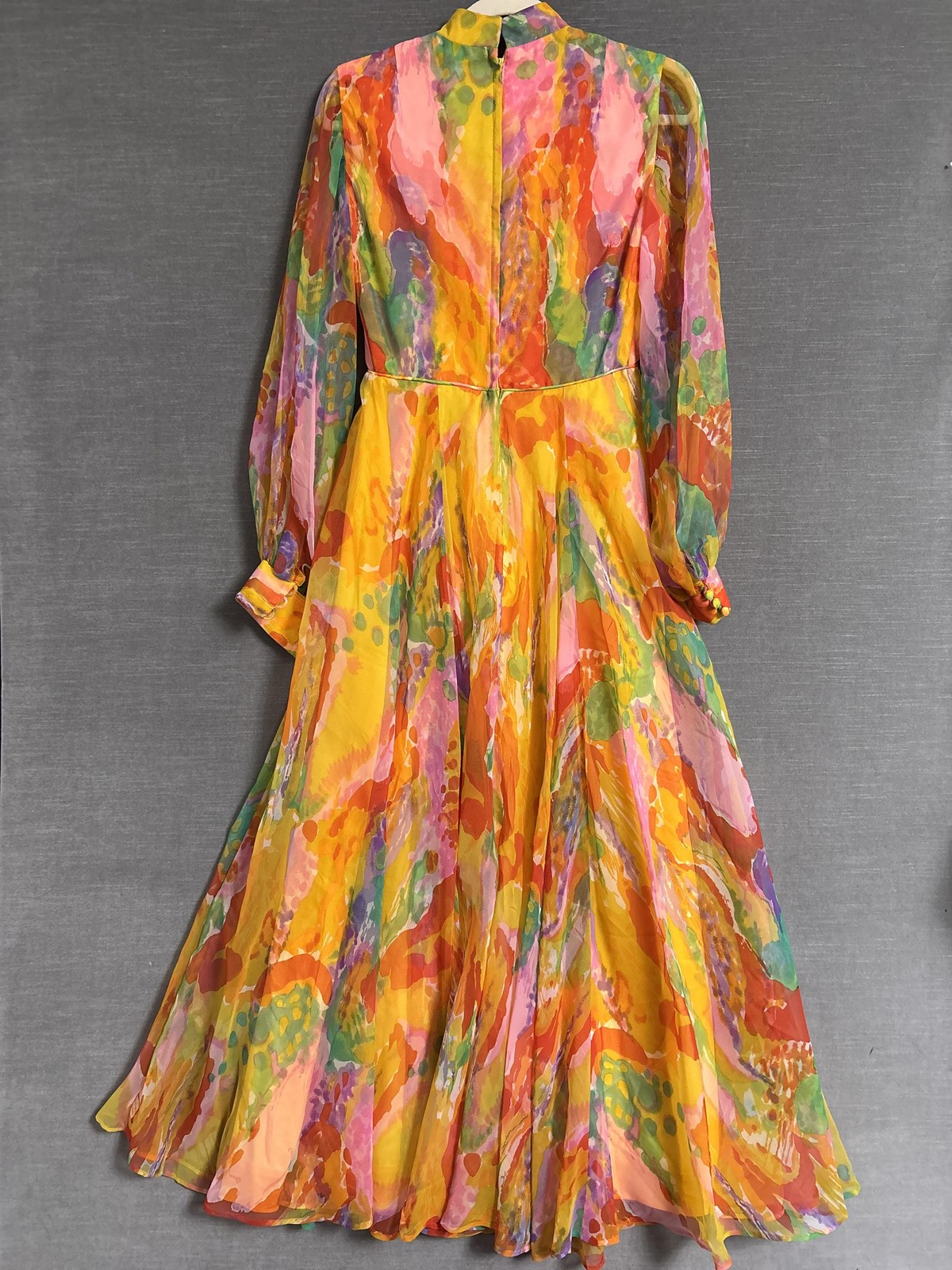 Vintage Jack Bryan Dress XS 70s Watercolor Chiffon Maxi Hostess Gown Psychedelic