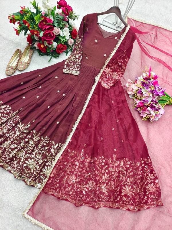 Presenting New Pure Vichitra Silk Maroon Gown With Dupatta For Ethnic Wear