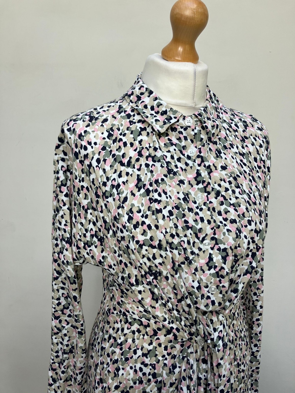 M&S Dress Womens 12 Shirt Dress Long Sleeve Midi Animal Print Button Tie Collar