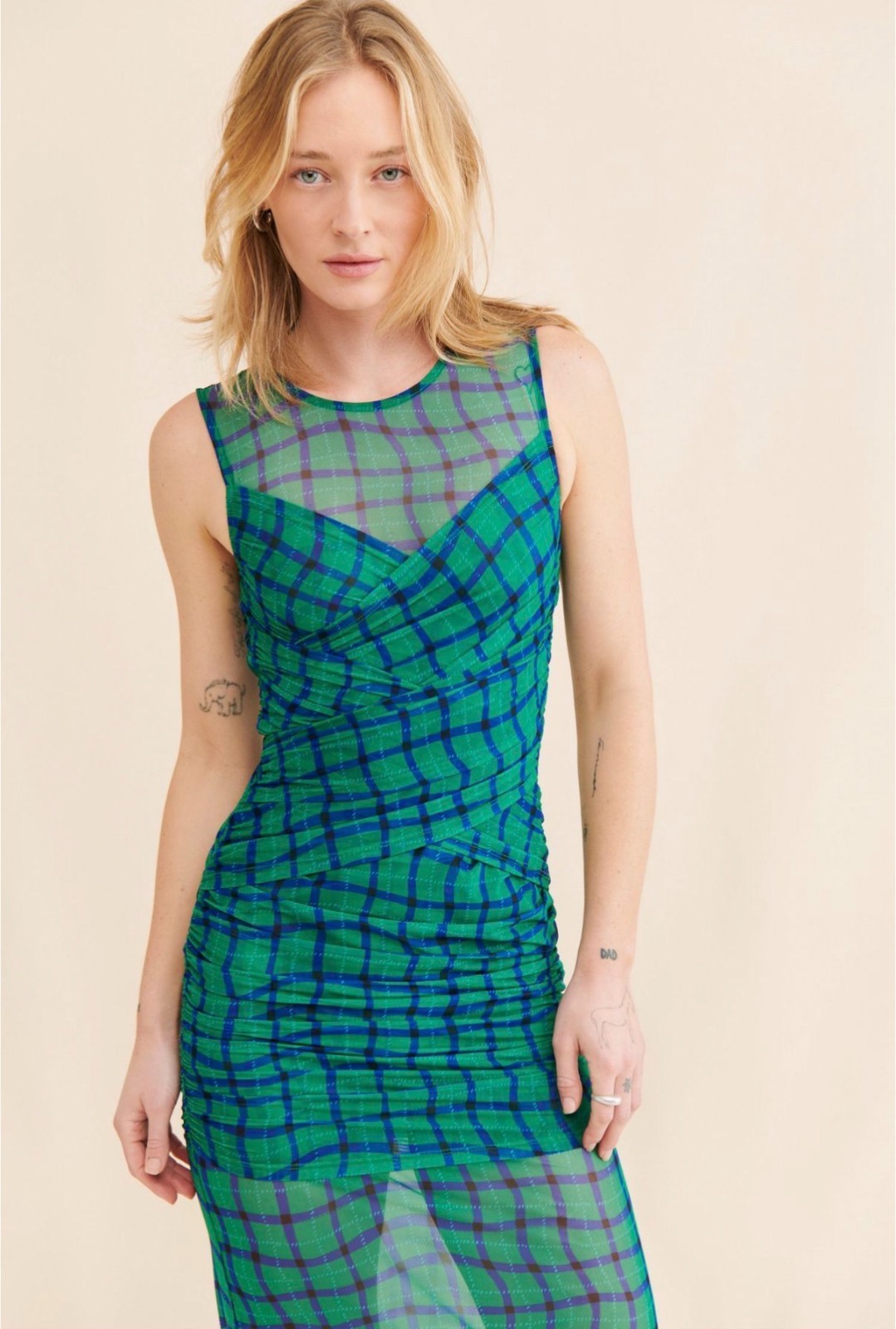 Simon Miller Kinny Mesh Midi Sleeveless Dress Green Blue checker square XL