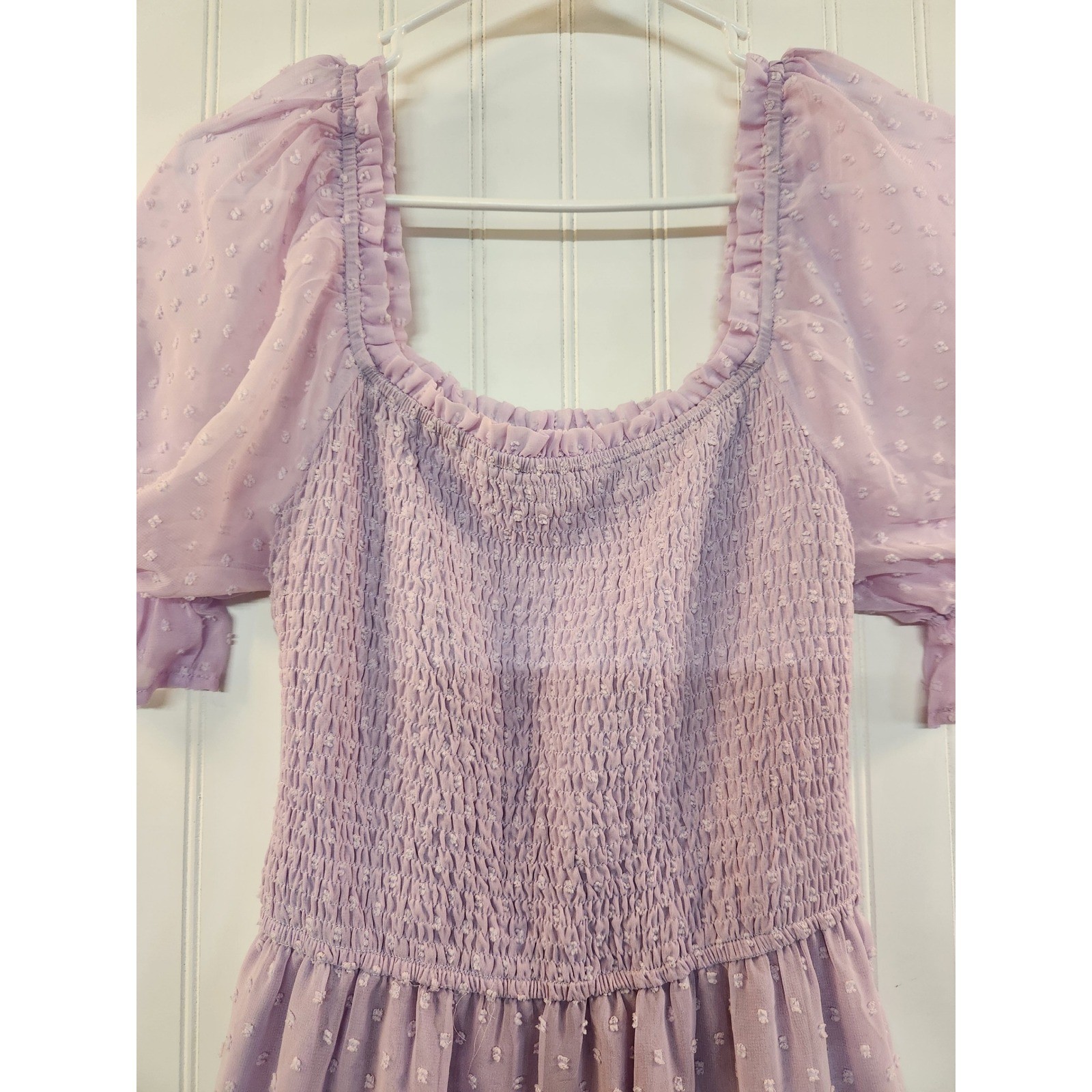 Merokeety Womens Lavender Swiss Dot Smocked Midi Dress Puff Sleeve Tiered Large