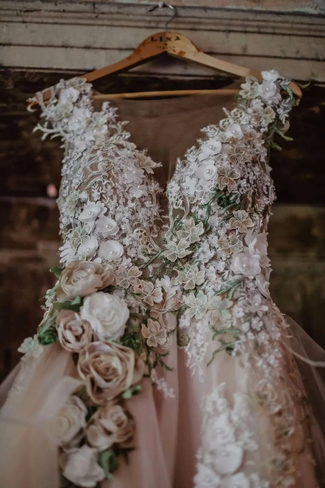 Floral Lace Wedding Gowns Pretty Blush Pink Tulle Bridal Dresses 3D Flower Party