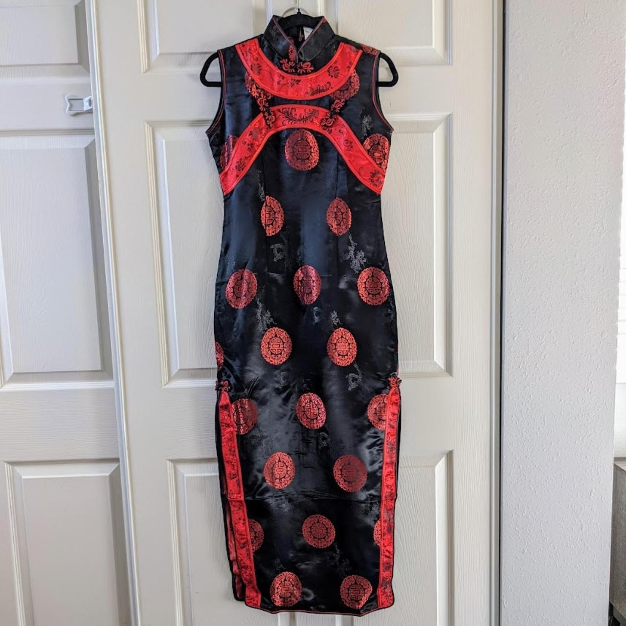 Cheongsam Qipao Dress Black Red Silk Embroidered Mandarin Collar M