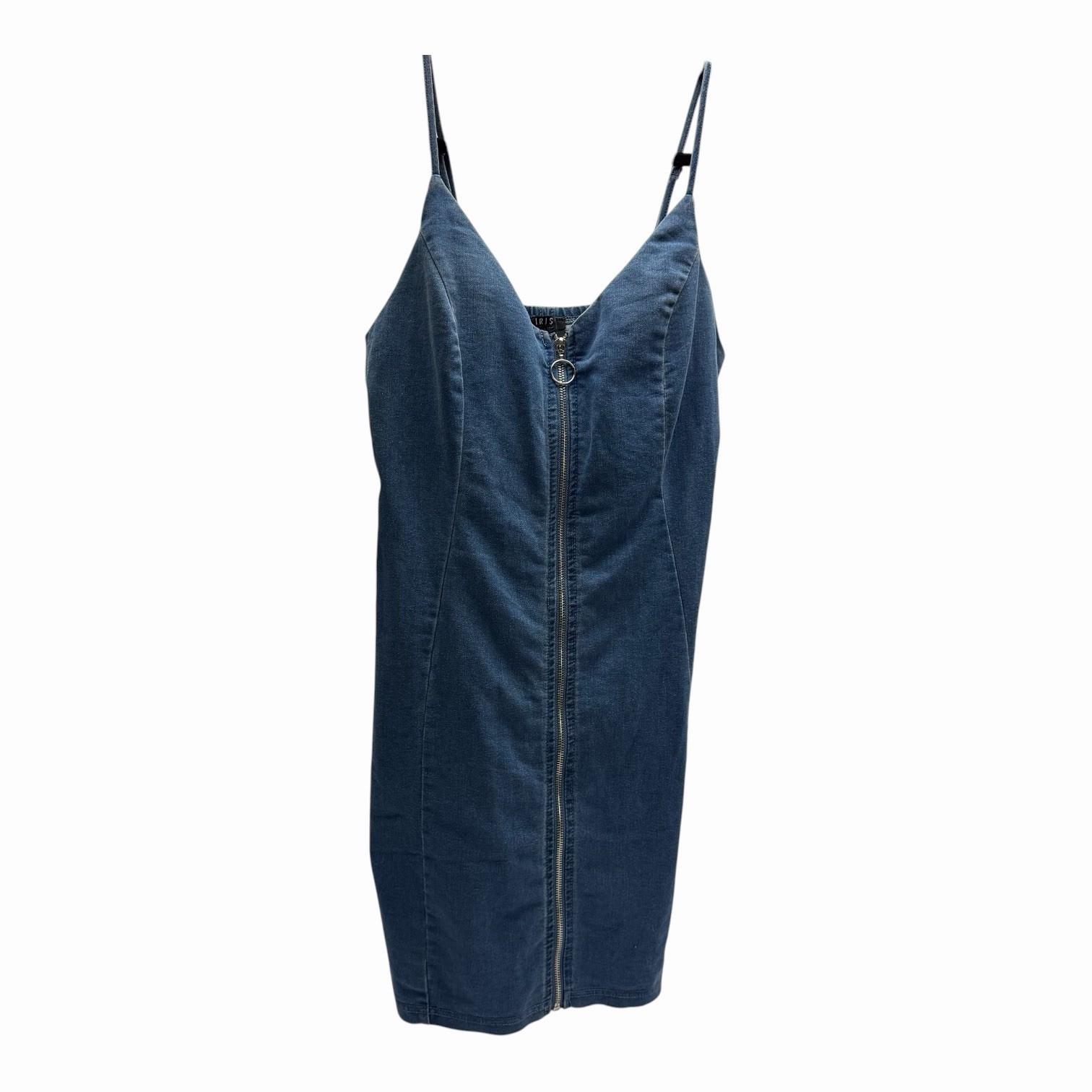 IRIS Denim Bodycon Dress Large Blue O Ring Zip Front Sleeveless Mini Dress