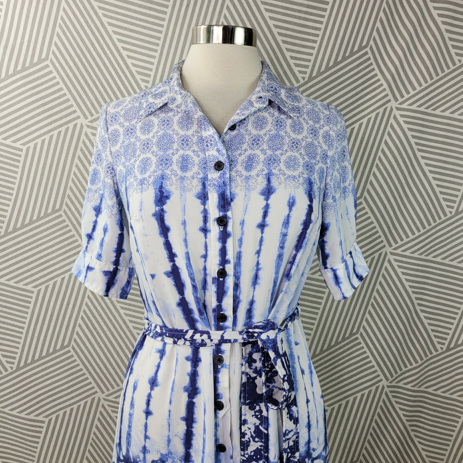 Peter Som Size 4 Shirt Dress Button front career Tie-dye belted Ruffle Hem Blue