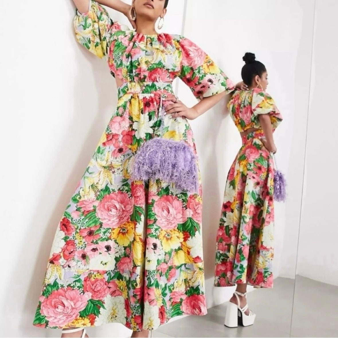 ASOS EDITION Puff Sleeve Cut Out Back Dress in Pink Floral 6
