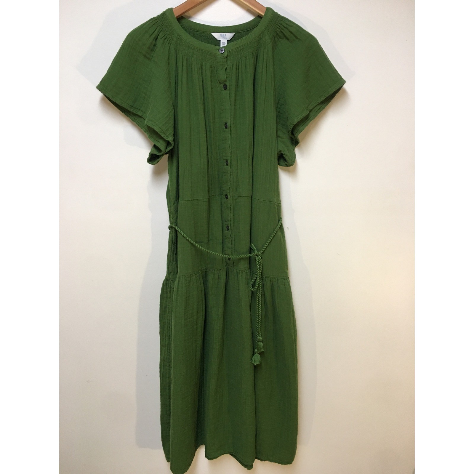 Time and Tru Midi Dress Women XXXL 22 Green Cotton Gauze Tiered Belted Boho