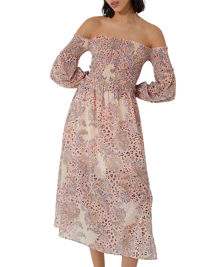 French Connection Hallie Smocked Dress Peach Multi Size 6 NWT $148. (bn17)