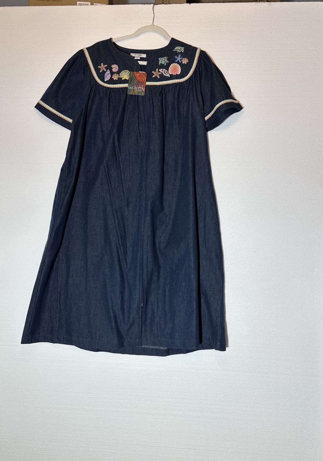 Go Softly NEW Cotton Chambray Patio House Dress XL Embroidered Seashells
