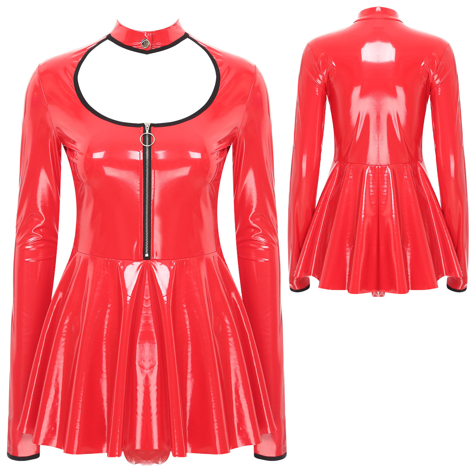 Woman Leather Bodycon Mini Dress Latex Hollow Out Zipper Party Flared Dress