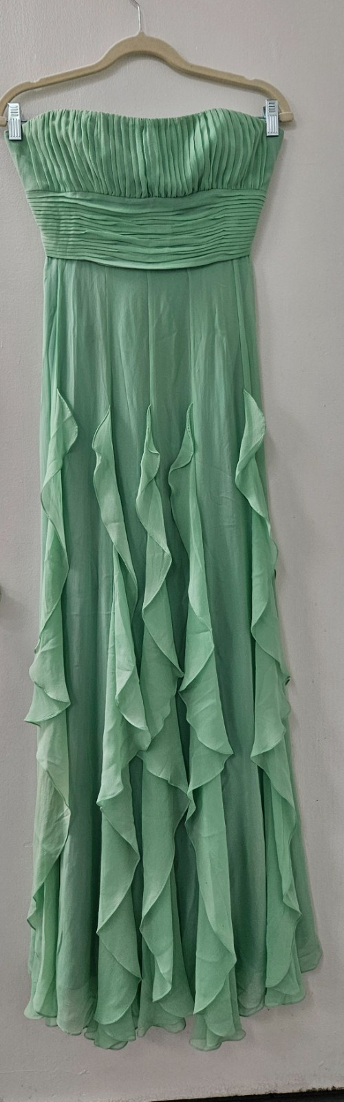NWOT BCBG MAXAZIA Strapless Seafoam Waterfall Ruffle Floor-Length Gown Size 4