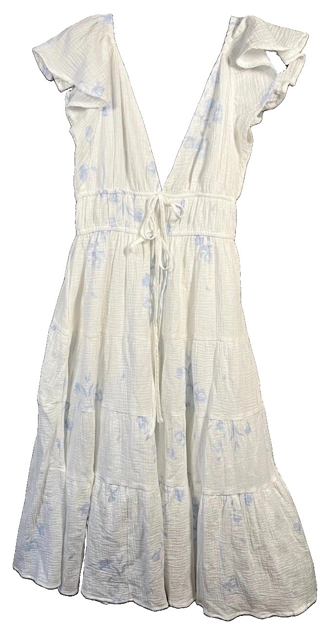 Mable White Blue Floral Gauze Midi Dress Ruffle Sleeve Smocked Milkmaid Large
