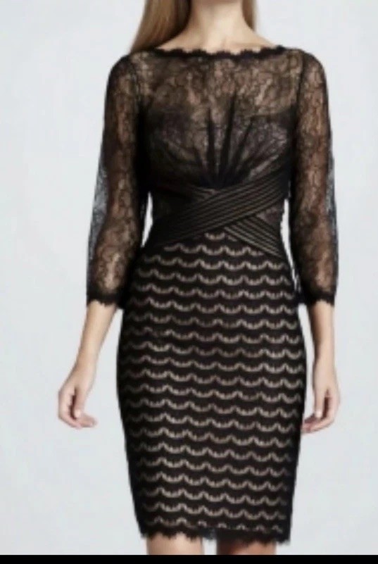 Tadashi Shoji Black Mixed Lace Dress Cross Front Cocktail Sheath Formal |NWT 14