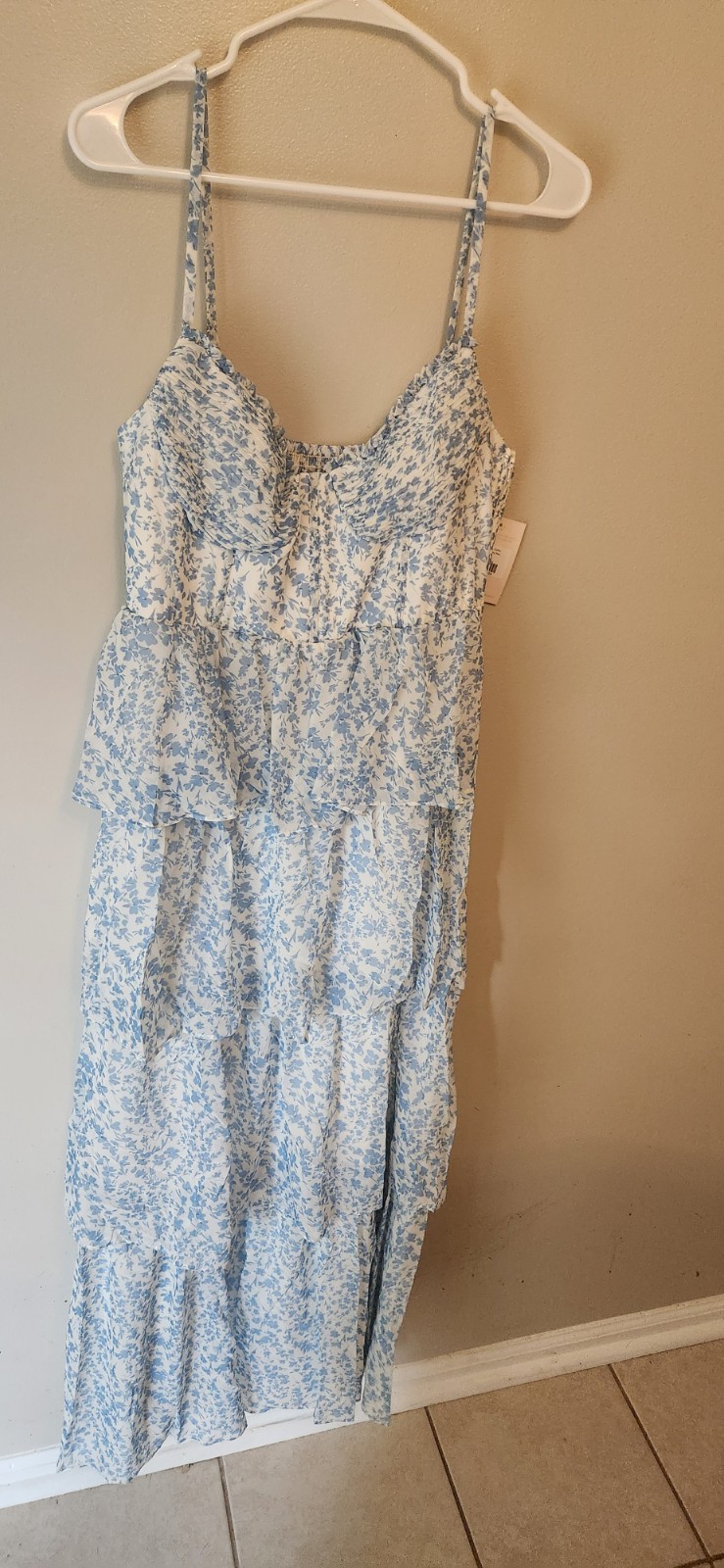 Blue Floral Print Long Chiffon Bridesmaid Dress