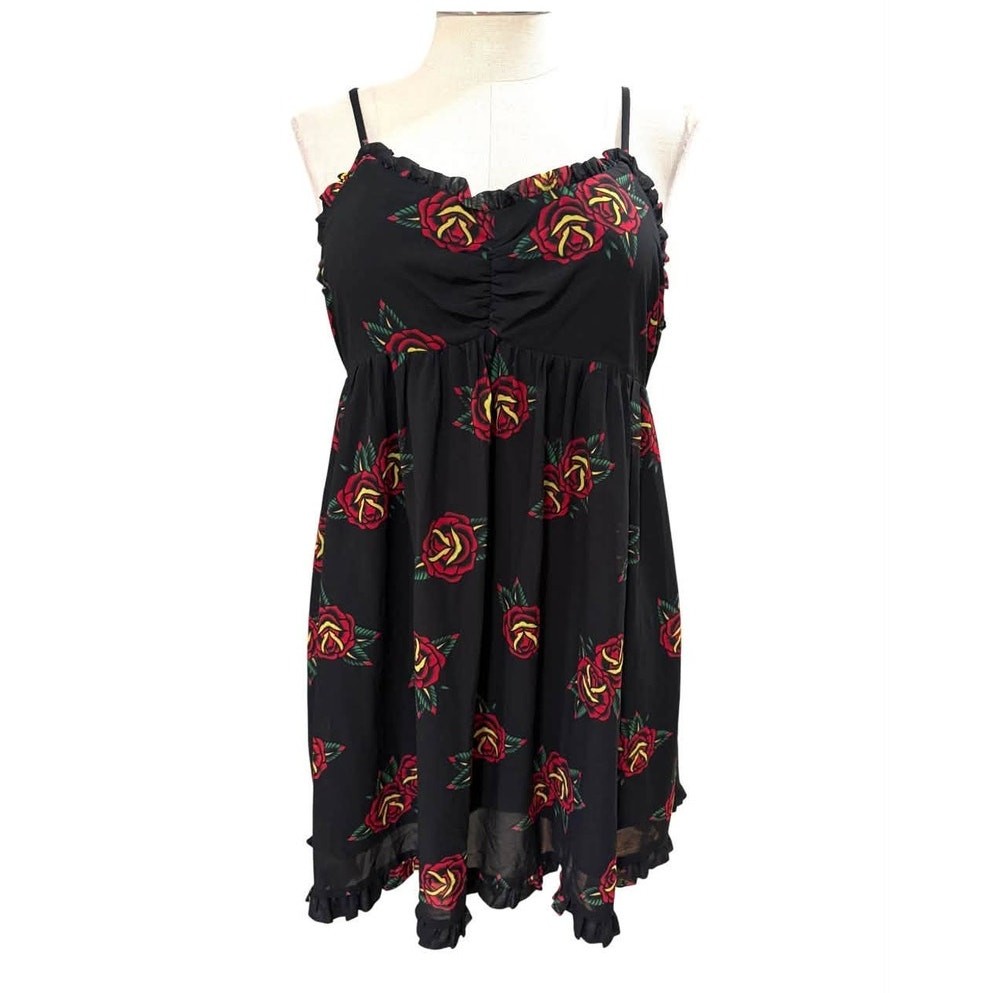 *READ* Sourpuss 3X Black Tattoo Roses Floral Chiffon Cocktail Party Tank Dress