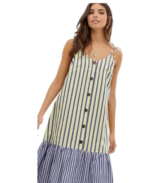 ASOS Sundress Blue Yellow Stripe Peplum Midi Smock Button Front Tie Sleeves US 0