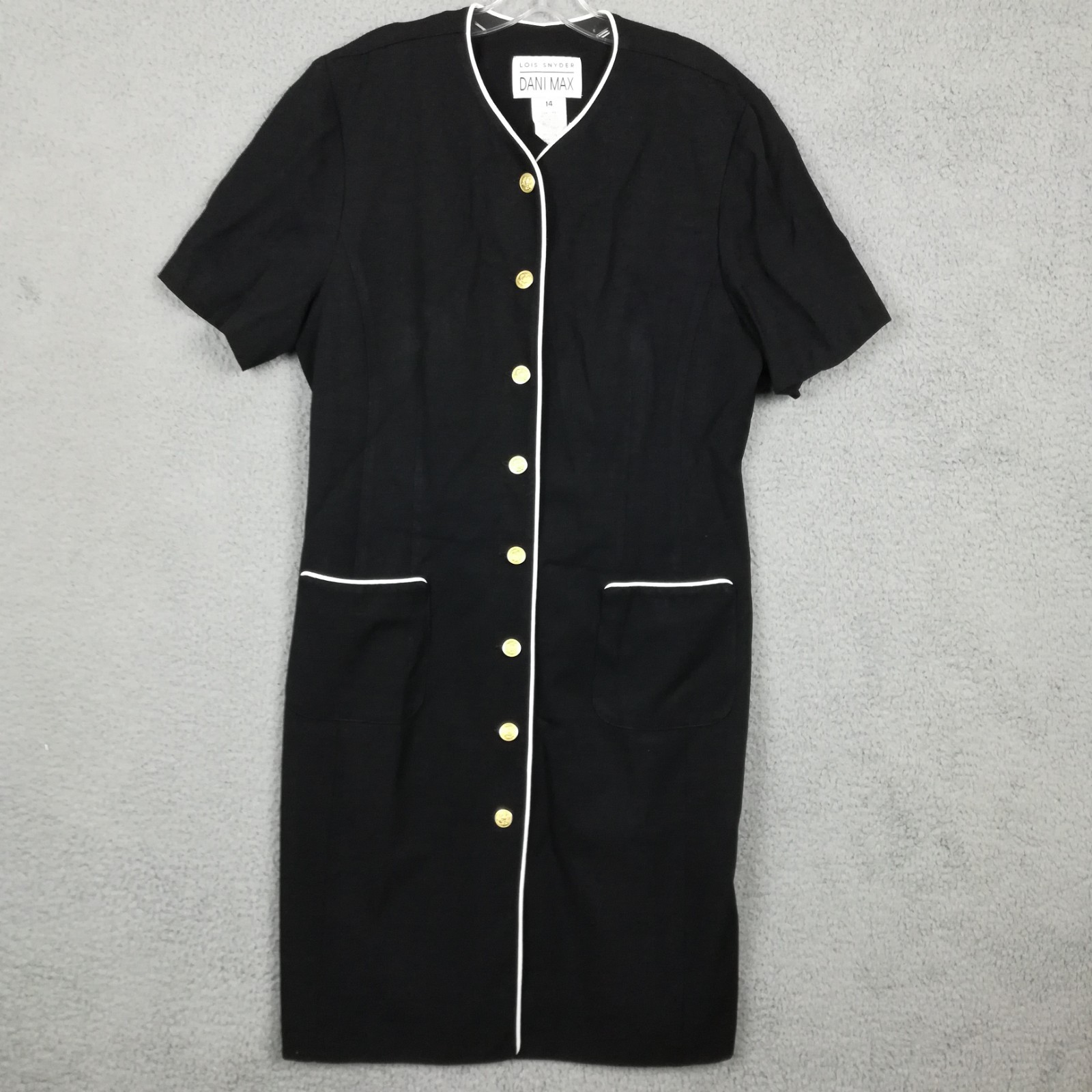 Vtg Dani Max Womens Shift Dress Short Sleeve Button Front Black Knee Length 14