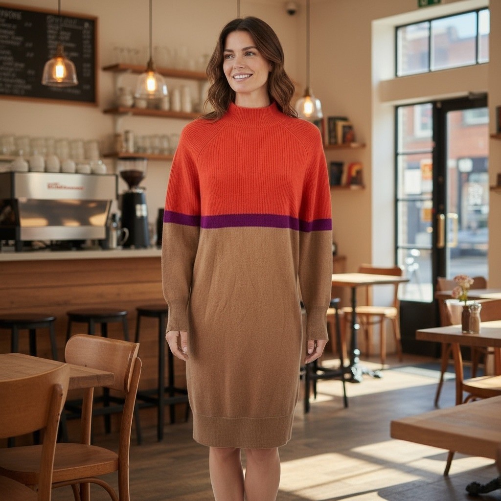 NWT LUSSO CASHMERE 100% Cashmere Sweater Dress MEDIUM Pumpkin Blaze Colorblock