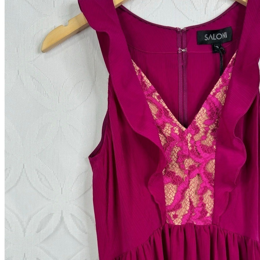 SALONI Suzi Berry Crinkle Crepe Lace Maxi Dress Size 6 NWT