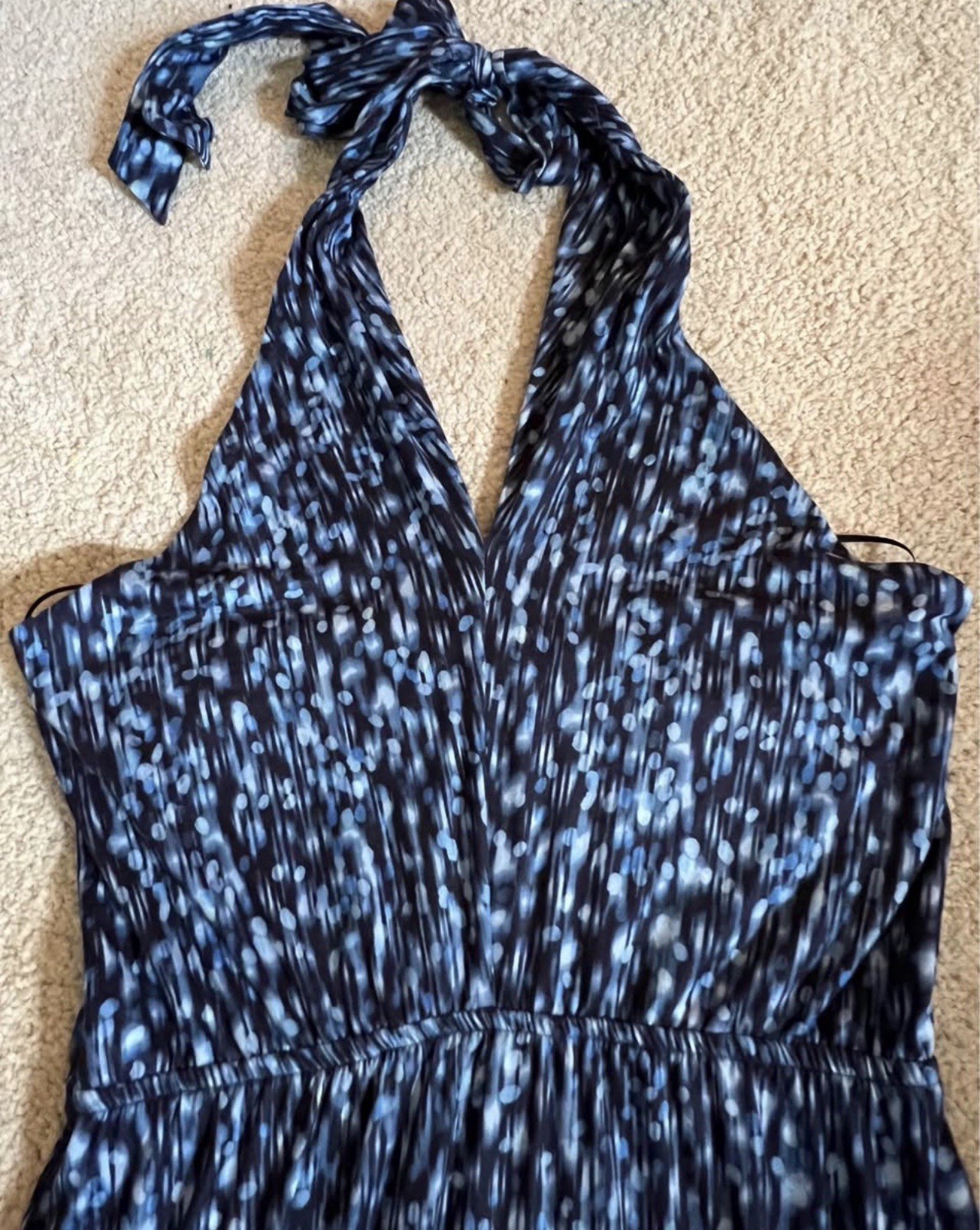 Nine Britton Blue White Polka Dot V-Neck Halter Smocked Maxi Sun Dress M