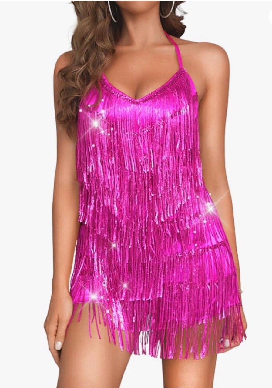 Sequin Fringe Jumper Dress Hot Pink Small Medium NEW
