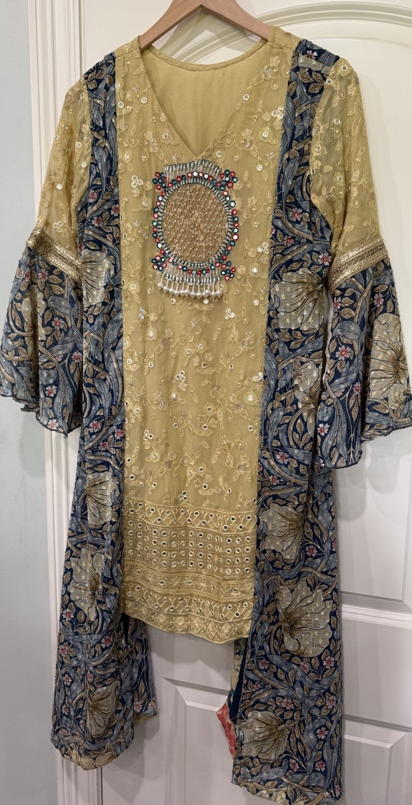 Handmade Embroidered Boho Dress Mirror Work Beaded Pearl Tunic Layered Look M