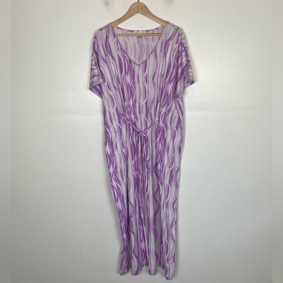 Stan Herman Soft Knit Kaftan Size L Color Purple & White Belted Side Pockets