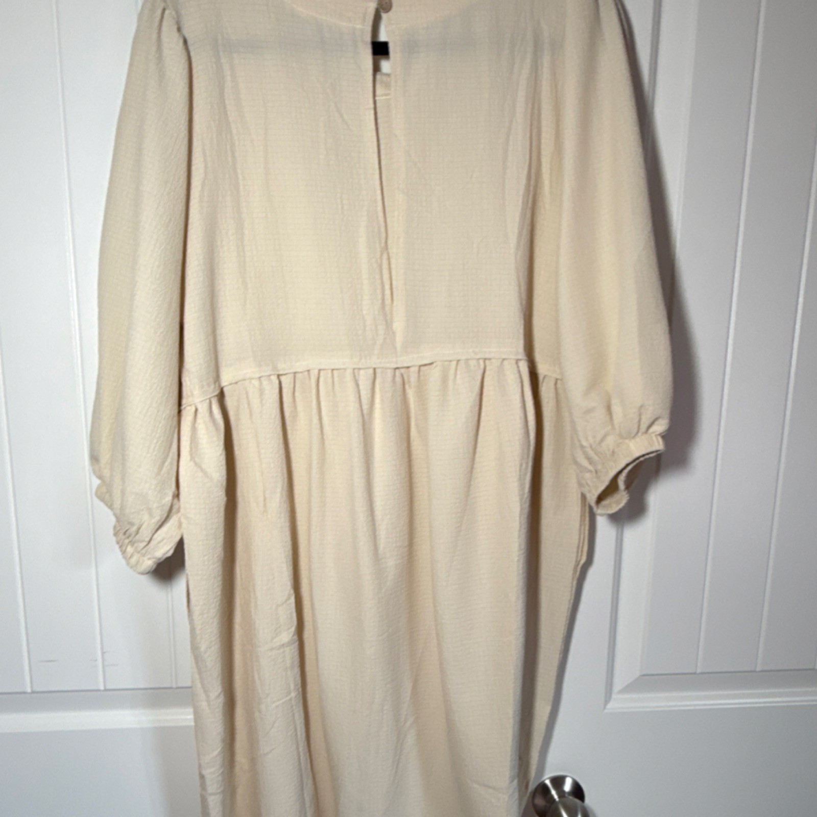 AIMAGE Beige Fit & Flare Midi Dress Button Pleated Pockets 3/4 Balloon Sleeve L