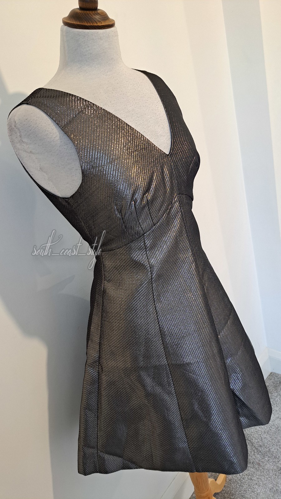 OASIS – Silver Metallic Striped Structured Fit & Flare Dress – Size 12 BNWT