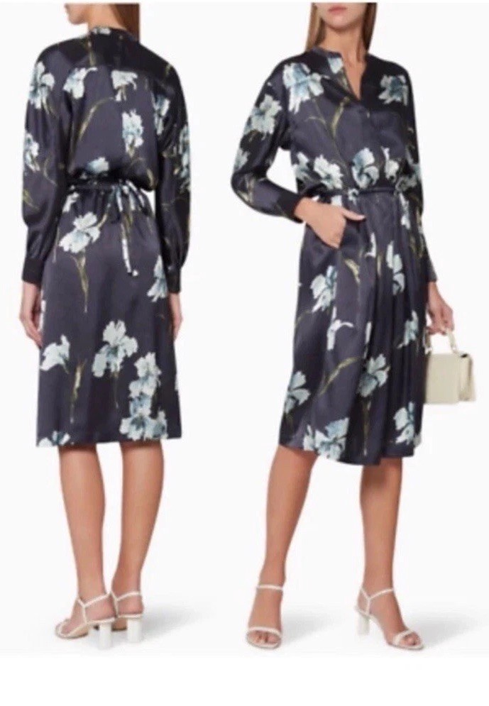 Vince Navy Floral Iris Print Long Sleeve Satin Shirt Dress Coastal Size XS $345