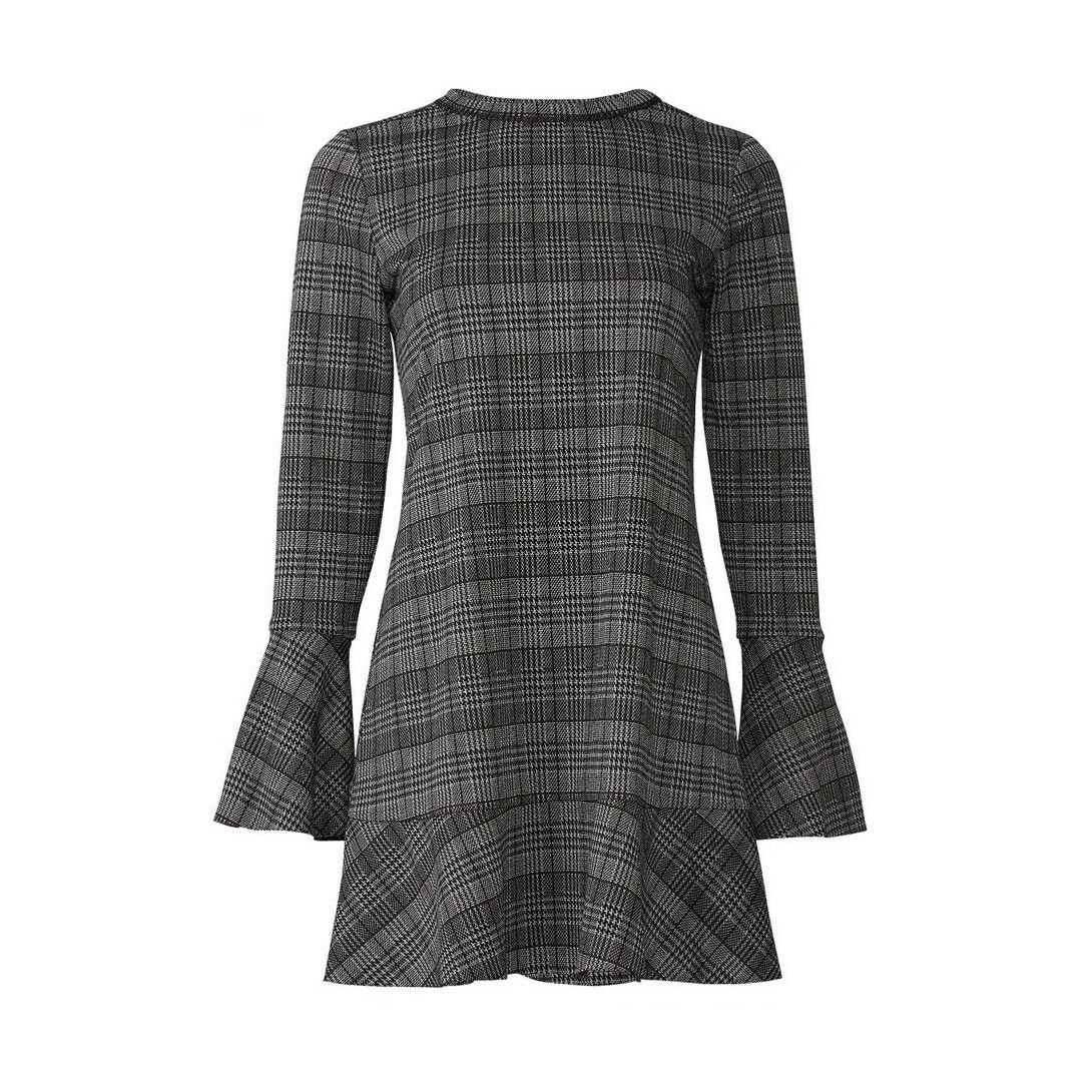 Michael Stars Glen Plaid Ponte Flounce Mini Dress Bell Sleeve Drop-Waist Med NEW