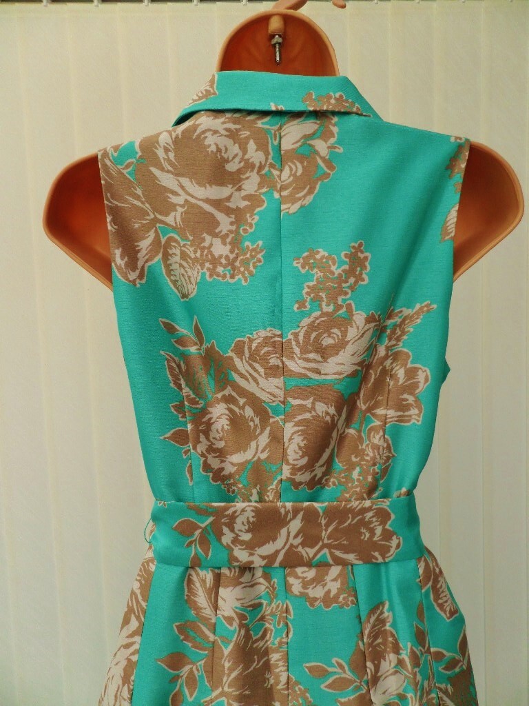 ELIZA J TURQUOISE GOLD IVORY FLORAL SATEEN 50’S PLEAT FLARE MIDI DRESS 8 NWOT