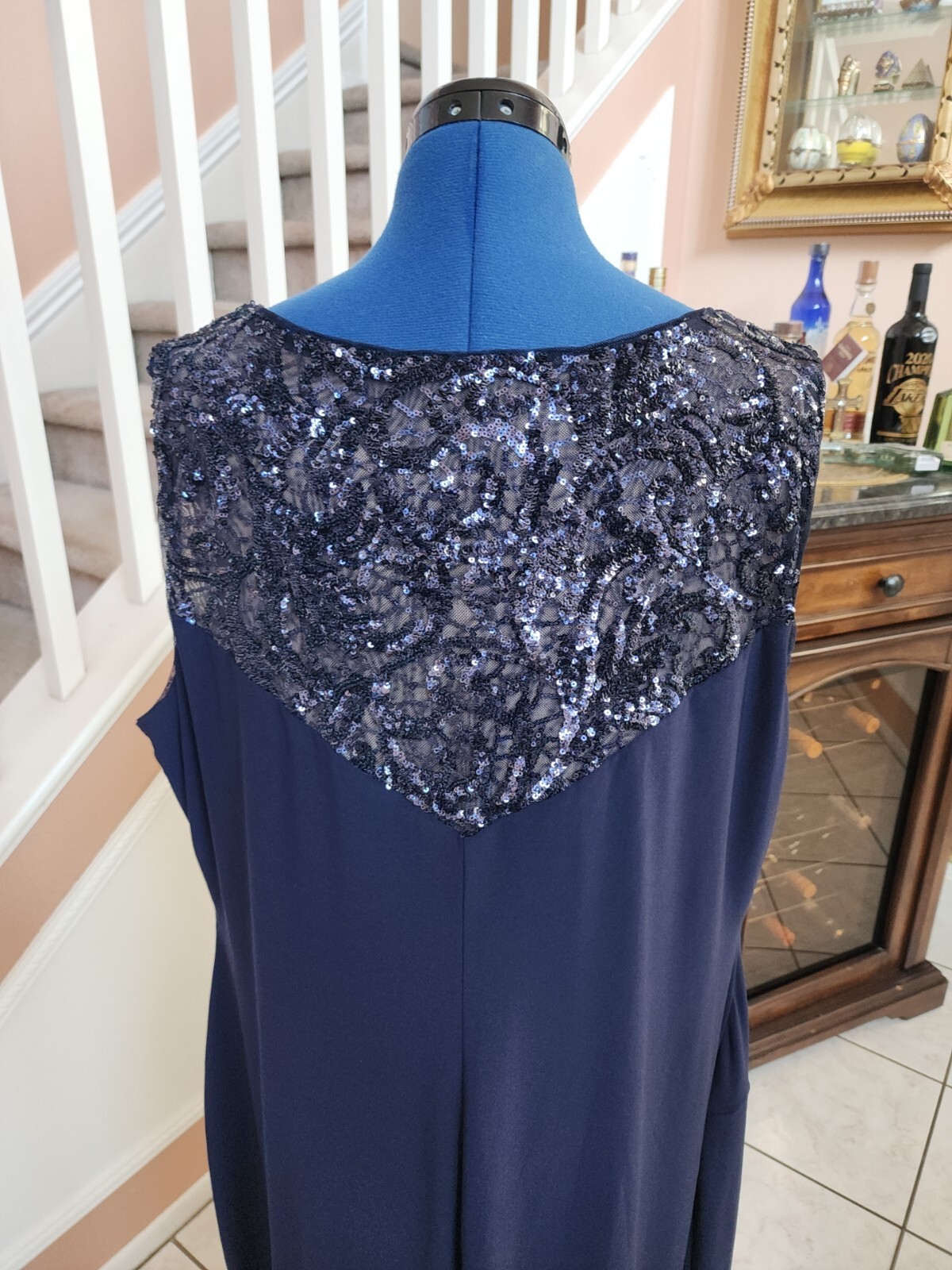 NWT RALPH LAUREN Blue Sequin Round Neck Side Gathered Sleeveless Dress 22W $165