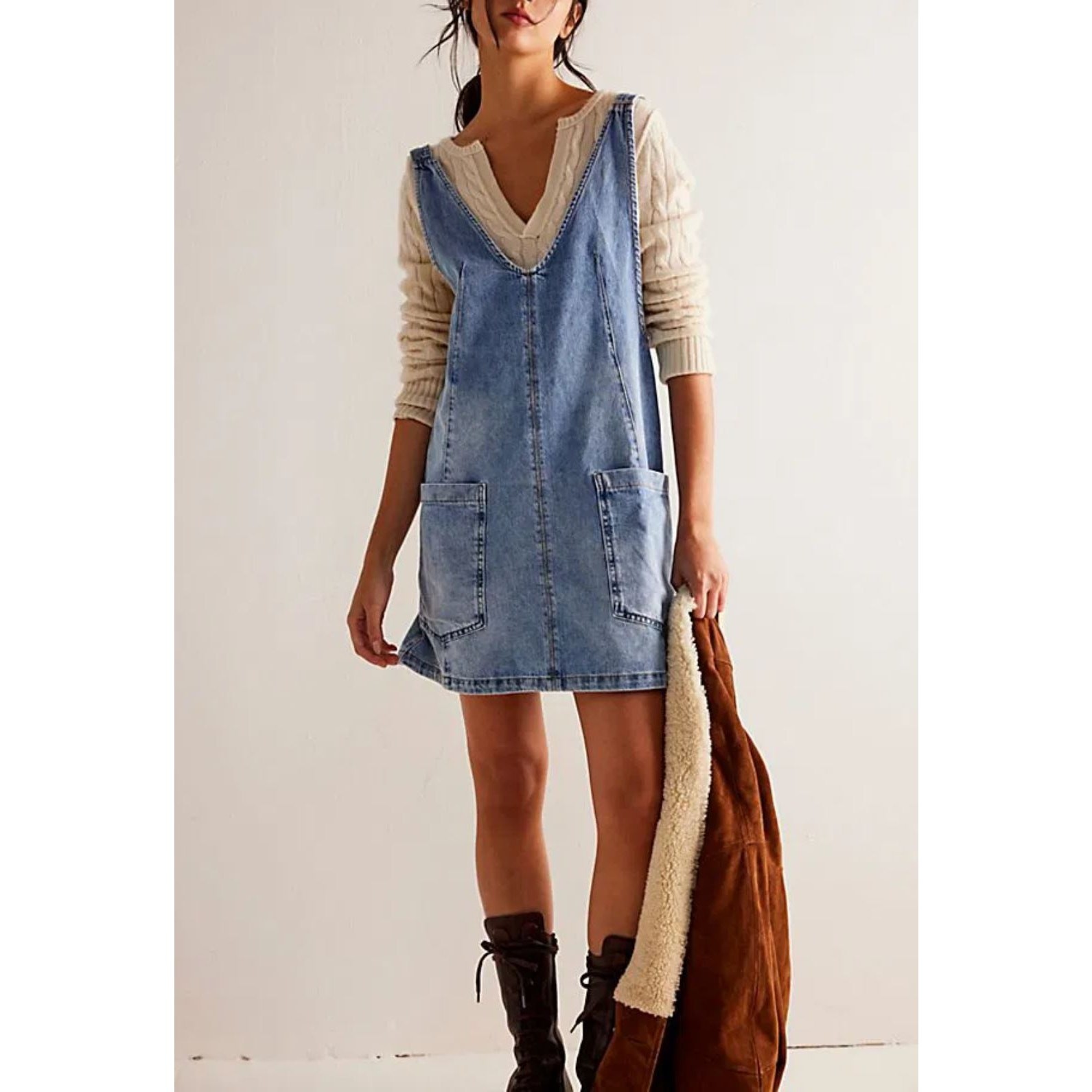 Free People High Roller Skirtall Medium Denim Overall Mini Dress Western Boho
