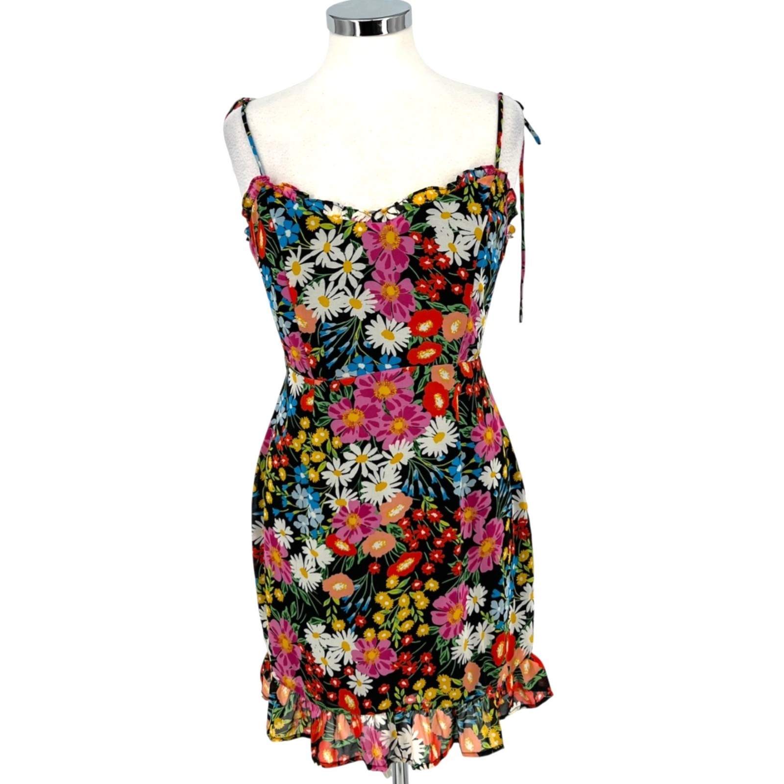 Sugarlips Lupita Floral Tie Strap Ruffle Mini Dress Black Multicolor Size Medium