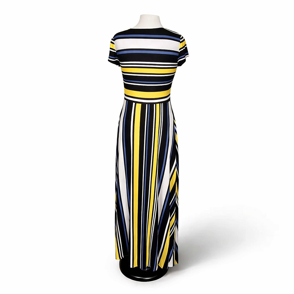 CATO short sleeved STRIPED spring summer yellow blue white black MAXI Dress sz M