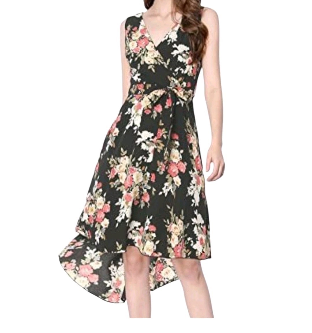 Allegra K V-Neck Sleeveless Hi Low Dress Floral A Line Midi Dress Sz S NEW