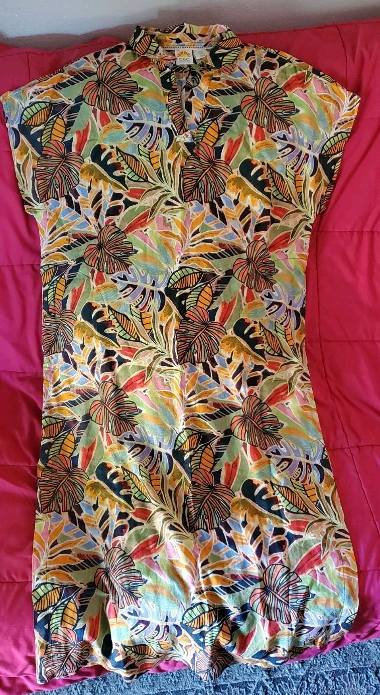 C&C California NWOT Linen Blend Tropical Short Sleeve Maxi Beachwear Dress M