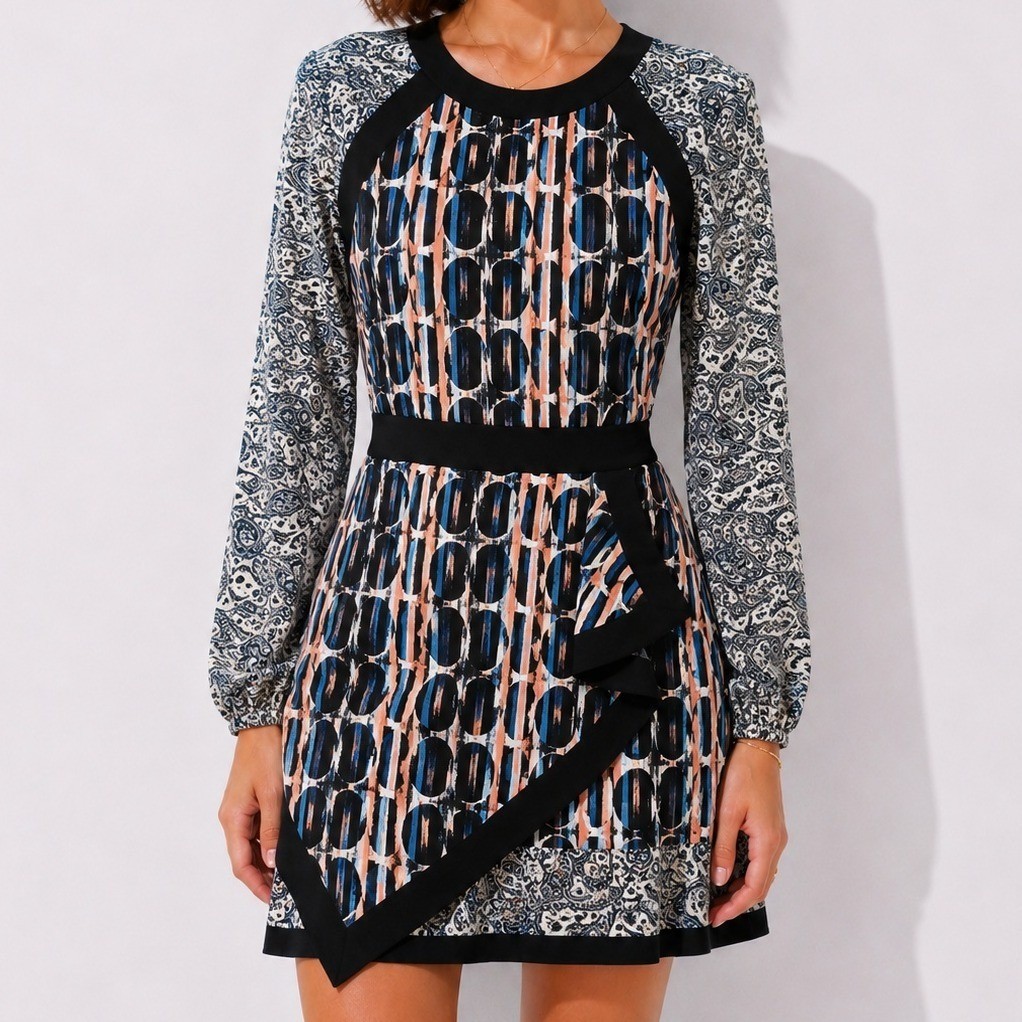 BCBG MAXAZRIA Mixed Print Mini Dress Blue Paisley Stripe Handkerchief Hem Size 4