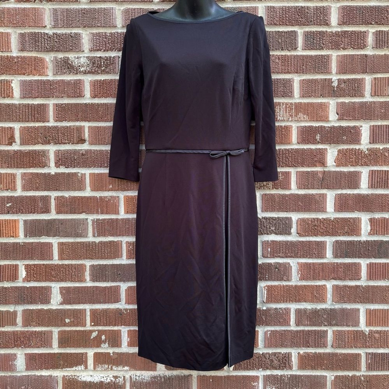 David Meister 3/4 sleeve dress in Black with satin trim & bow at waist Sz 6