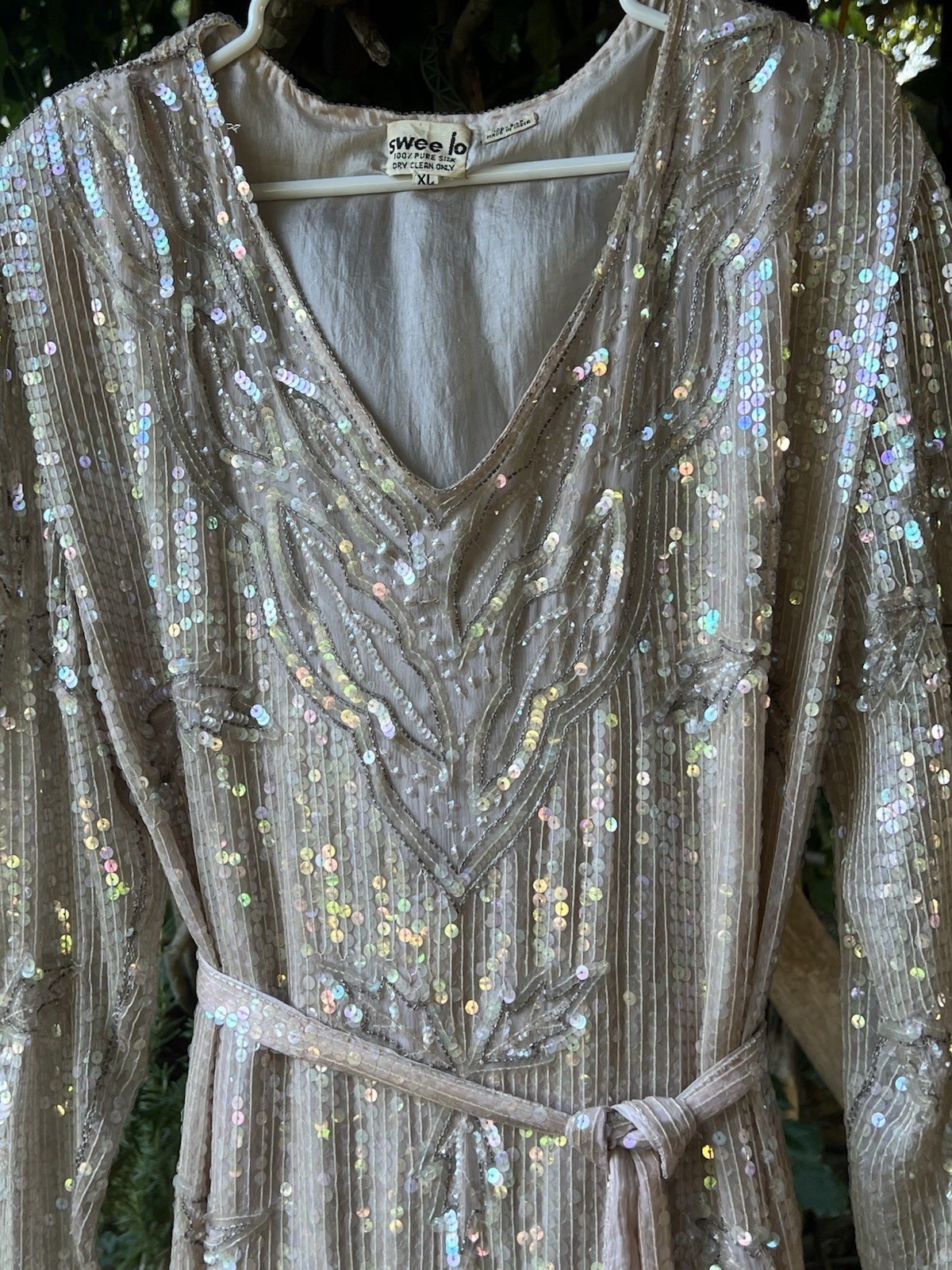 VTG Swee Lo XL 100% Silk Beaded Sequin Champagne Art Deco Evening Dress Belt