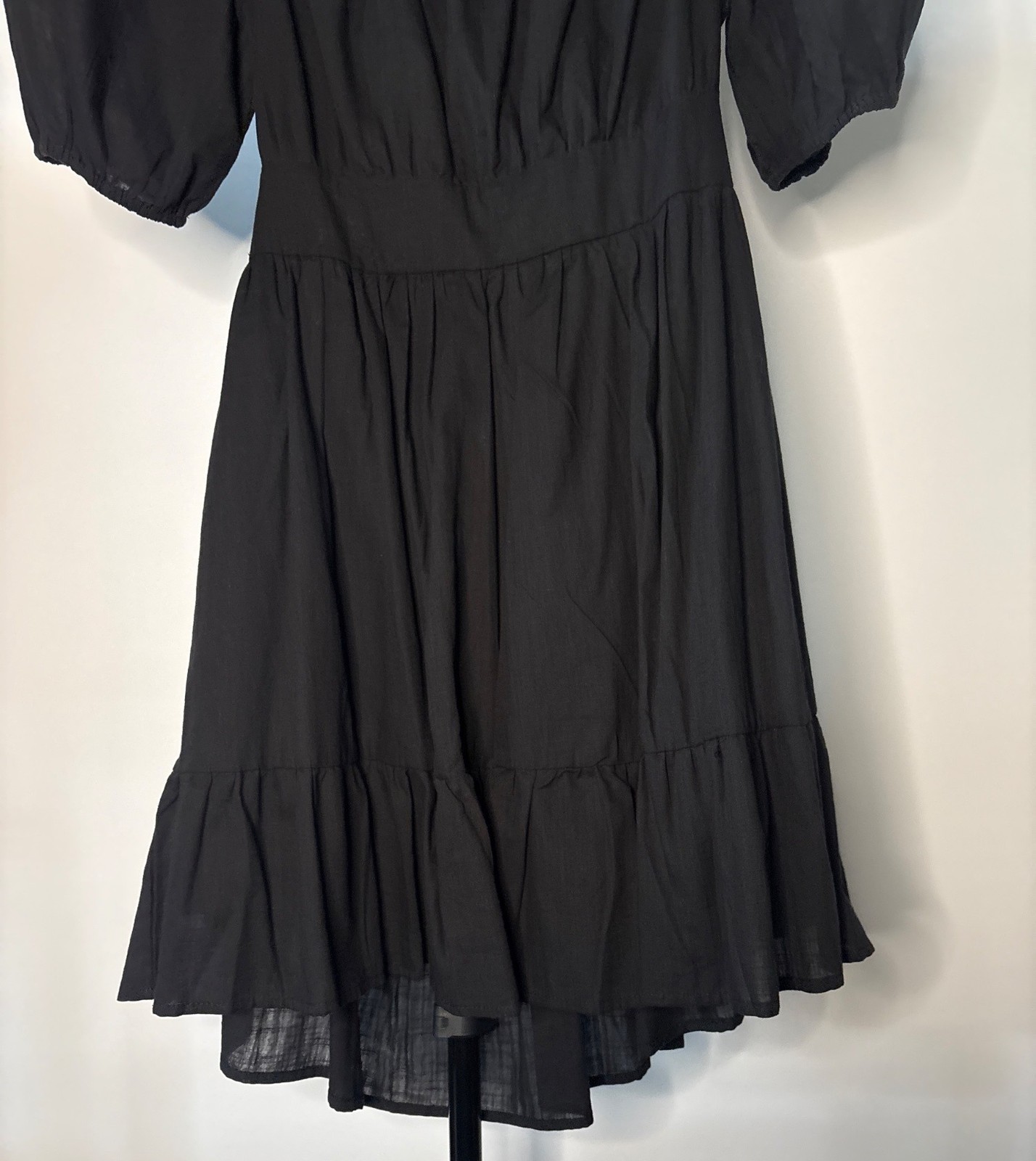SHEIN Midi Black Backless Cut Out Puff Sleeve Tie Back Smocked Waist Ruffled Hem