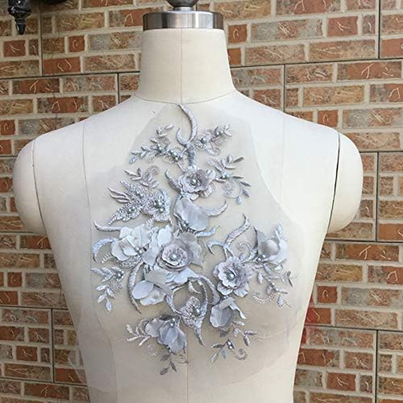 Variety of Colored Pearls Three-Dimensional Lace Flower Applique Dress/Performan
