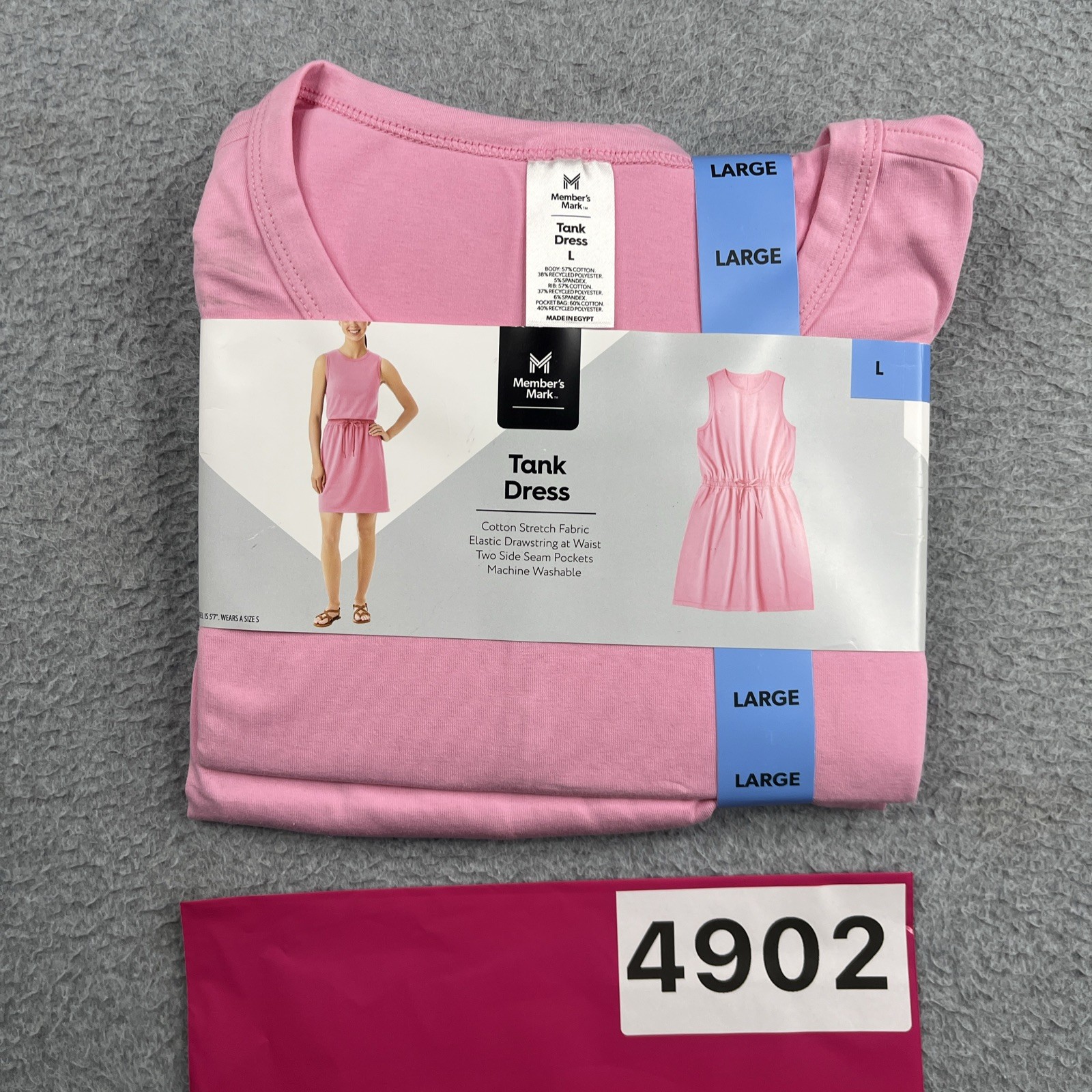 Member’s Mark Women’s Pink Tank Dress Large Cotton Stretch Drawstring Pockets
